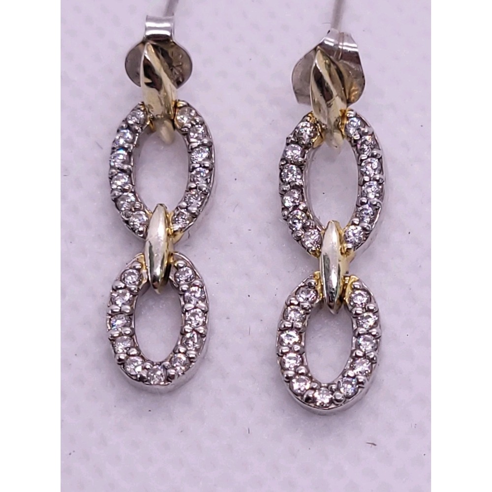 925 Sterling Silver CZ Oval Link Dangle Earrings Two Tone Pavé Pierced